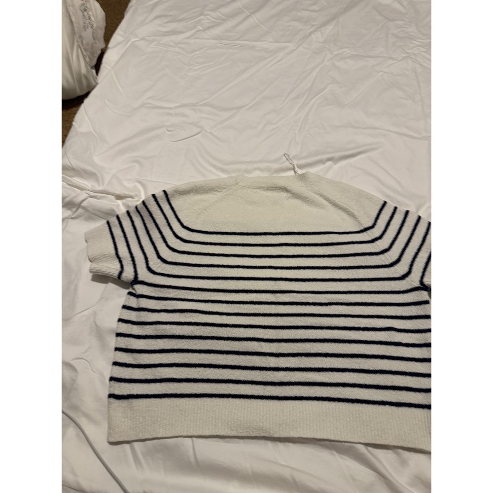 Universal Thread Womens XL Striped Short Sleeve Sweater Cream Navy Blue Knit Top